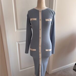 Elegant Long Sleeve Blue Dress with White Accents